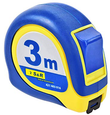 S&R Bandmaß 3m, Federbandstahl mit stabilem Haltewinkel, Nylon-Polymer beschichtetes Massband, schlagfestes Gehäuse Bandmaß, MUSTANG - Serie | Zollstock Metermaß (3,0m x 16mm)