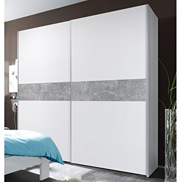 möbelando Schwebetürenschrank Kleiderschrank Schiebetürenschrank Schrank Noni I Weiß/Absetzung Beton