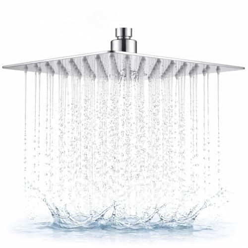SIEYESCITY 8 Inch Stainless Steel Rainfall Shower Head, High Pressure Fixed Rain Shower Head, Square Overhead Waterfall Showerhead with Universal G1/2 Fitting - Chrome Silver