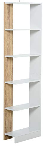 HOMCOM Estantería de Almacenaje con 5 Estantes Librería Multiusos para Estudio Oficina con Base Elevada Diseño Elegante 45x21x170 cm Blanco y Roble