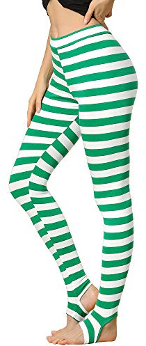 Allegra K Women's Leggings Printed High Waist Elastic Waistband Yoga Stirrup Pants Green White-Stripe M