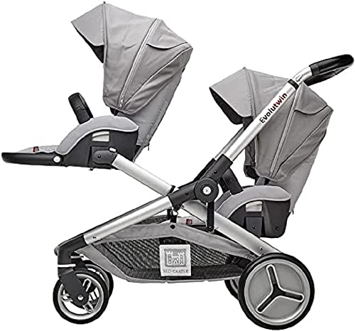 RED CASTLE, Kinderwagen, Zwilling/Tandem/doppelt, ab der Geburt, wendbare Sitze/Rückenlehne 3 Positionen, großer Aufbewahrungskorb, Gestell verstellbar, anpassbar, Evolutwin, grau