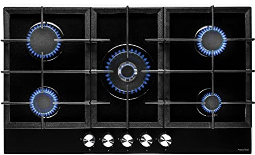 PremierTech PC905G Piano Cottura a Gas 5 Fuochi con Bruciatore Wok Vetro Nero 90cm (86cm) da Incasso Griglie in Ghisa Professionali Accensione Elettrica Manopole Frontali Piano Cottura da Appoggio