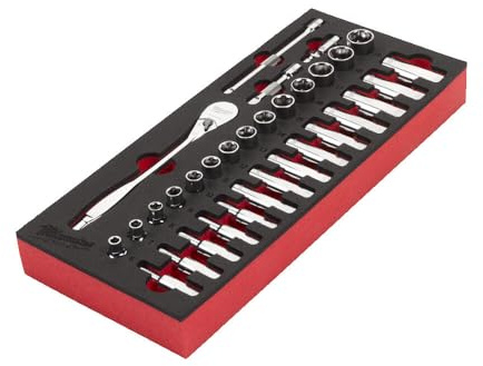 Milwaukee 3/8 Inch 32 Pieces Ratchet and Socket Spanner Set, Metal, 190 mm, 3.16 kg