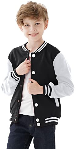 DGSYSHML Kids Baseball Jackets Boys Girls Team Uniform Varsity Jacket Everyday Casual School Cotton Classic Clothing (Black,9-10 years)