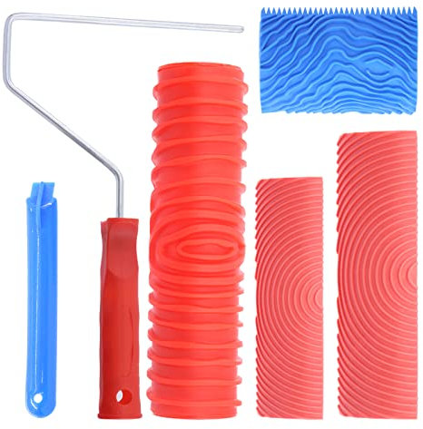 Keadic Juego de 4 herramientas de pintura de grano de madera, M21 MS16, rodillo de patrón de textura de grano de goma con asa, rodillo de papel pintado, herramienta de pintura artística para