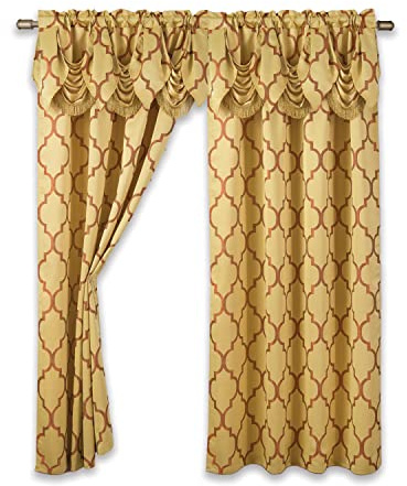 Elegant Comfort Moroccan Trellis Print, Jaquard Look Curtain Panels with Attached Pleated Valance, with 2inch Rod Pocket for Bedroom, Living Room (54 X 84-inches Long, Set of 2), Gold