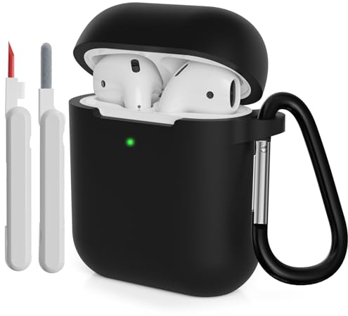 KOKOKA Case Cover Compatible with Airpods 2 with Cleaner kit, Premium Soft Silicone Skin Case Cover Shock Absorbing Protective Case for Airpods 2nd Generation with Carabiner, Black