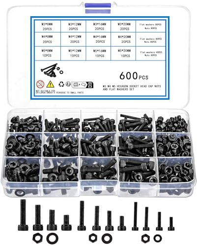 KOXXIAMOQ Juego de 600 tornillos cilíndricos M3 M4 M5 con hexágono interior, tuercas y arandelas, surtido de tornillos roscados con tuercas, juego de tornillos hexagonales