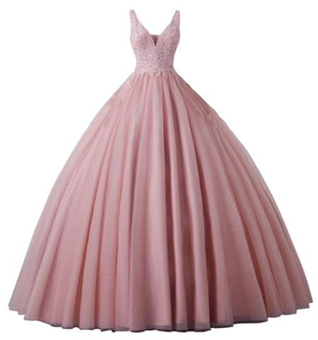 Engerla Women's V Neck Pink Quinceanera Dress Sequined Applique Formal Party Prom Ball Gowns US14