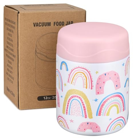 wiwens 12oz Soup Thermo for Hot Food Kids Insulated Food Jar Wide Mouth Lunch Container Leak Proof Stainless Steel Vacuum Bento Box for School Office Travel Outdoors White-Rainbow