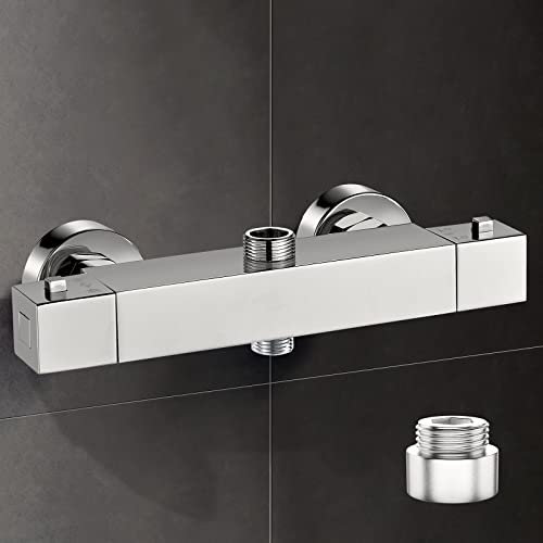 Thermostatic Shower Mixer Bar Two Outlet Square Shower Mixer Tap Wall Mounted Dual Outlet with Top 3/4 Bsp (26.4mm)+Bottom 1/2 Bsp (21mm), Shower Thermostatic Mixer Solid Brass Chrome Modern