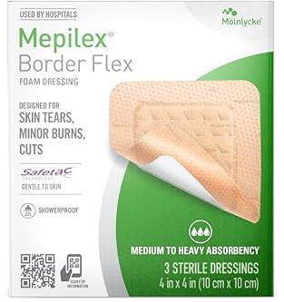 Mepilex Border Flex 4 x 4 in (10 x 10 cm) Hospital Grade Dressings for Skin Tears, Minor Burns and Cuts Waterproof Adhesion for Up to 7-Day Use