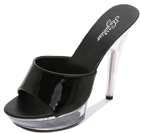 WOkismD Mujer Cristal Transparente Stiletto Tacones Altos Plataforma Punta Abierta Sandalias con Correa en el Tobillo Slingback Mulas de tacón Alto Diapositivas Zapatos de Vestir,Negro,40