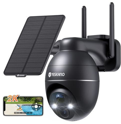 YESKANO 2K Camera Surveillance WiFi Exterieure sans Fil Solaire 360° PTZ Caméra Exterieur Solaire Batterie 2,4 GHz, Vision Nocturne Couleur, Détection PIR, Audio Bidirectionnel (Noir)