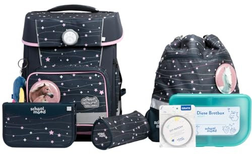 SCHOOL-MOOD Champion Pro Ella Pferd Schulranzenset 7-teilig 21,5L Stauraum, ergonomisches Easy Fit System für 1 m bis 1,50 m Körpergröße, standfest, wasserdichter Stoff mit Reflektoren
