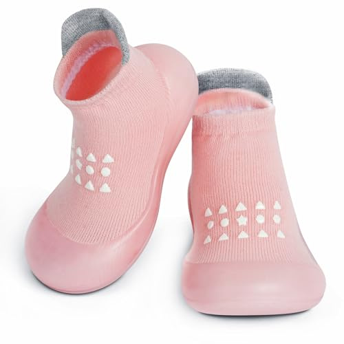 flintronic Zapatos Bebe Primeros Pasos, Zapatos Primeros Pasos con Suela de Goma, Zapatillas de Suela Blanda Antideslizantes y Transpirable para Bebés Niñas y Niños, Puntos Rosados, 12-18 Meses