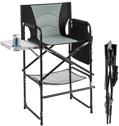 COSTWAY 46 Tall Directors Chair, Folding Makeup Artist Chair with Foldable Side Table & Footrest, Extra Cup Holder, Bottom Mesh Bag & Storage Pocket, Camping Chair for Lawn & Yard, Black+Gray