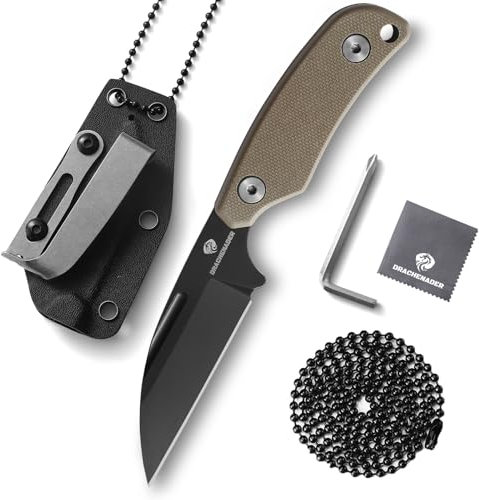 DRACHENADER Schafsfuß Neck Knife Messer mit D2 Stahl Necklace und clip, 5.82“ Full Tang Feststehendes Messer (Schwarze Klinge + Khaki Griff, S3- Khaki Griff)
