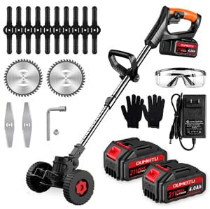 Decespugliatore a Batteria Tagliabordi Elettrico con 2 21V 4.0Ah Batterie e 3 Tipi Lame Taglia Erba da Giardino Elettrico Testata Regolabile e Maniglia Telescopica Tagliaerba Senza Fili per Giardino