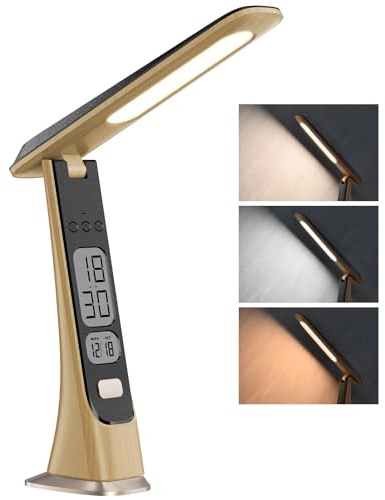 Morwealth Lámpara de escritorio LED inalámbrica recargable, lámpara de mesa regulable con batería, reloj digital, LCD, fecha, brillo continuo, luces portátiles plegables para el hogar, lectura