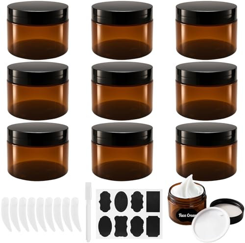 Ysimple 9Pcs Amber Plastic Cosmetic Jars, 120ml Sample Containers Pots Bottles with Black Screw Lid & liner, Empty Cosmetic Containers with Spatulas & Sticker (9Pcs-120ml)
