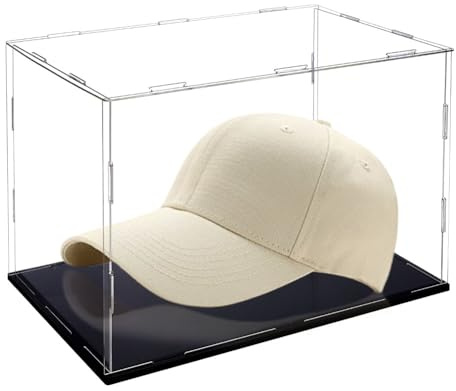 AHANDMAKER Vitrina acrílica transparente para gorras y soporte de béisbol, caja expositora a prueba de polvo con base negra, exhibición para figuras de acción y béisbol