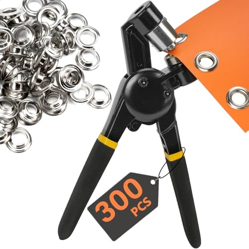 Heavy Duty Grommet Tool Kit with Pliers, 12mm Metal Eyelets Tool Set with Hole Punch, 300pcs Silver Grommets, Leather Canvas Fabric Repair Kit for Tarps, Bags, Crafts, Clothes, DIY Projects (1/4‘’)