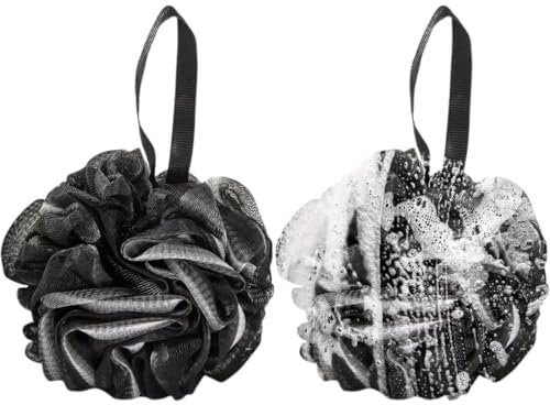 UEIOAVL Éponges loofah, Lot de 2 boules de bain, éponges de bain brosses de gommage pour le corps tampons de luffa de mer éponges nettoyantes pour le bain confortables et douces (noir)