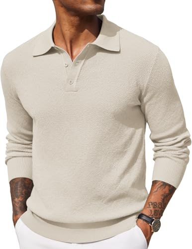 COOFANDY Mens Polo Jumper Long Sleeved Poloshirts Sweater | Fine Knit Winter