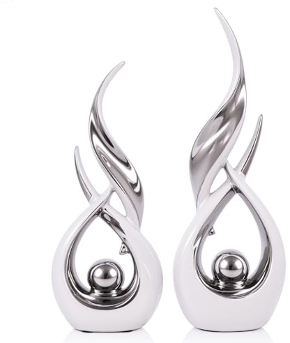 2 estatuas de cerámica blanca y plateada para decoración del hogar, esculturas de arte abstracto moderno, elegantes objetos decorativos de mesa para comedor, entrada, soporte de TV, chimenea, centros