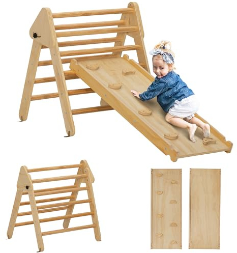 AIYAPLAY 3 en 1 Triángulo de Escalada Montessori, Escalada para Niños de Madera Plegable, para18-48 Meses, con Rampa, para Deslizarse o Escalar, 147x64,5 cm, Natural