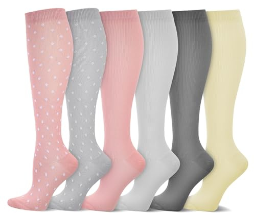 Fentar 6 pares Calcetines Compresion Mujer, 15-20 mmHg Calcetines Compresivos Enfermera de Soporte hasta la Rodilla, Calcetine Compresión para Mujeres de Deporte Ciclismo Running
