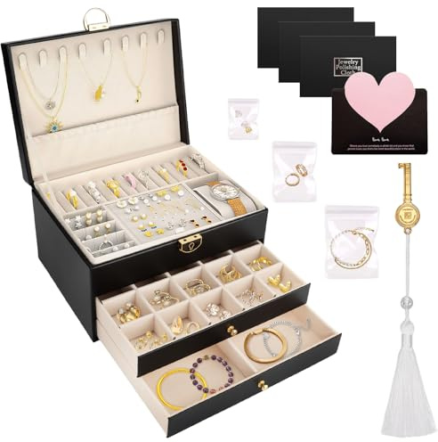 JOTOL Scatola Portagioie,Porta Gioielli Donna con 3 Strati,Portagioielli Donna con Nappe e 3 Panni per Lucidare L'argento,Grande Gioielli Scatola Organizer per Collane,Orecchini,Bracciali e Anelli
