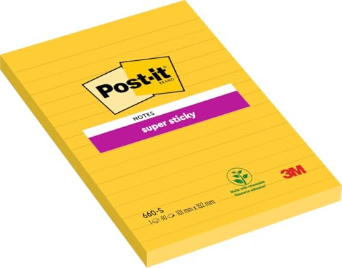 Post-it Super Sticky Large Notes, 540 Sheets, Pack of 6 Pads, 102 mm x 152 mm - Holds Strong to Many Surfaces - Yellow - for Walls, Monitors and Fridge, Recycable