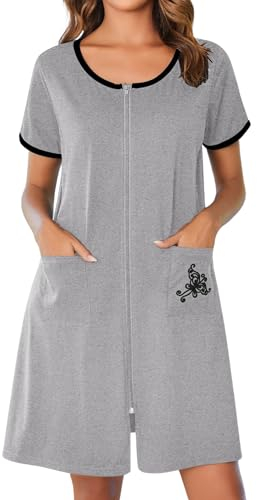 Ekouaer Bademäntel mit Reißverschluss für Damen, kurze Ärmel, Reißverschluss, Hausmantel, kurzer Bademantel, leichtes Nachthemd mit Taschen, S-3XL, Hellgrau, XX-Large