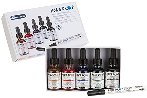 Schmincke - AQUA DROP, flüssige Aquarellfarbe, 5 x 30 ml lasierende Farbtöne + LINER mit Pinselspitze, 78 105 097, Set für Aquarellmalerei, Kalligrafie, Handlettering, Airbrush