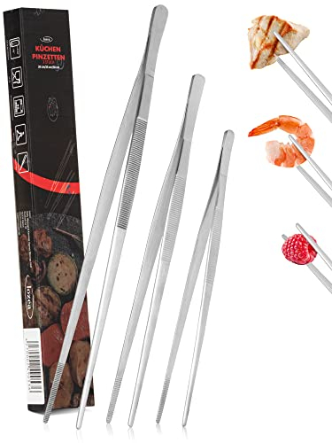 lozea 3er-Set Kochpinzette in 30cm, 25cm & 20cm im rostfreien 18/8 Edelstahl für ein erstklassiges Kocherlebnis an Familien-& Grillabenden zum Wenden & Greifen von Lebensmitteln in der Küche & Grill