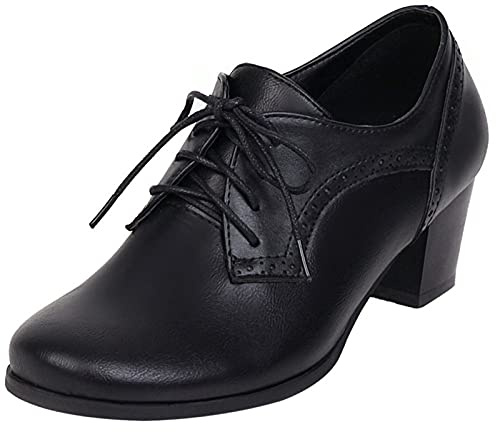 MJIASIAWA Mujer Punta Redonda Oficina Trabajo Casual Tacón Ancho Cordones Brogue Pump Clásica Tacón Medio Comfy Oxford Retro Zapatos Negro Talla 41 EU/43 Asiática