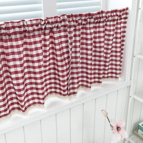 A.Monamour Tenda Corta Piccola Pizzo Bianco Quadri Rosso Lino Tendina da Cucina Bistrot Mezza Mantovana Vetro Pannello Porta Armadio Lavandino