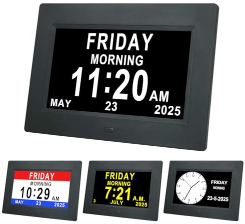 TMCC Orologio digitale con calendario giornaliero della demenza, 12 opzioni di allarme, extra large, non abbreviato, giorno e mese, per perdita di memoria, per persone con problemi di vista, anziani