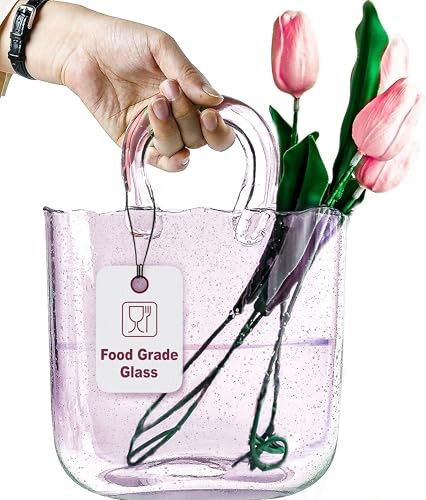 OLEEK Vaso per fiori (fatto a mano), borsa in vetro per bevande, 25,4 cm, grazioso vaso rosa per centrotavola e ciotola per pesci, vaso per fiori unico decorativo a forma di borsetta a bocca larga