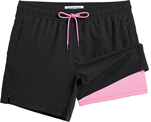maamgic Maillot de Bain pour Hommes avec Compression Short de Bain 2 en 1 | 5.5 Séchage Rapide Short de Natation décontracté Boardshorts avec Pantalon intérieur et Poche,02 Noir Rose 5.5,XXL