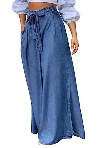 Dninmim Damen Hose Sommer Tie-Länge Hakama Flowy Hose mit Schleife, hellblau, XXL