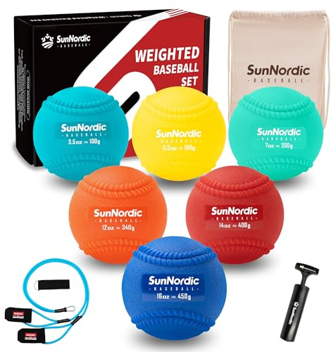 SunNordic 6/9 Pack Seams Plyometric Weighted Baseball Set (3.5-16/35/53/70 oz) - Variable Weight Plyo Baseballs for Improved Power & Pitching Training - for All Skill Levels