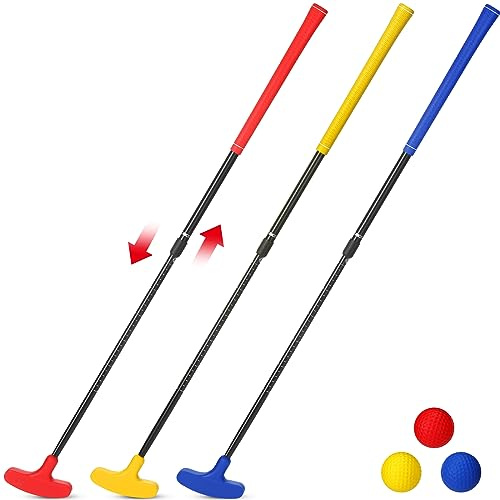 Hiboom Lot de 3 mini putter de golf bidirectionnels avec 3 balles d'entraînement de golf en plastique pour enfants - Long club de golf réglable pour golfeurs droitiers ou gauchers enfants adolescents