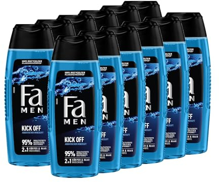 FA Men 2 en 1 Gel de ducha Kick Off, 12 unidades (12 x 250 ml) 2 en 1 fórmula para cabello y cuerpo, activa tus sentidos con el intenso aroma masculino de eucalipto y menta acuática