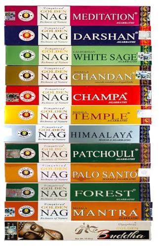kajal Agarbatti Top 12 Goloka Golden Nag Champa con diverse fragranze Bastoncini di incenso Super Hit, diverse varietà popolari, confezione da 12 x 15 g.