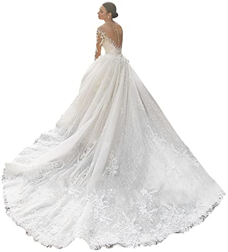 BONOOL Abito da Sposa Scoop Sirena 2 in 1 in Pizzo a Maniche Lunghe con Applicazioni e Strascico Staccabile