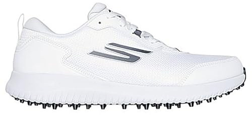 Skechers Go Golf MAX Fairway 4 2025 - Zapatos de Golf Ligeros repelentes al Agua para Hombre, Tela sintética Blanca con Ribete Plateado, 45 EU